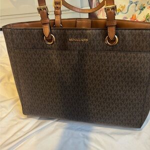 Michael Kors Brown MK Monogram Tote with Tan Trim